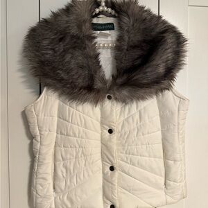 Harve Bernard White Faux Fur Collar Quilted Vest